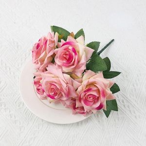 Decorative Flowers Artificial Silk Flower Simulation Rose Bouquet Wedding Bride Pink Hand Holding Home Living Room Desktop Roses Decoration