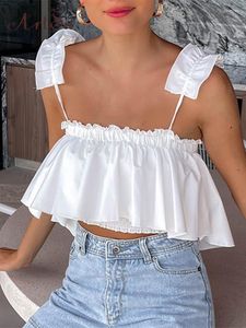 Regata feminina com babados e mangas compridas Camis feminina roupa de férias fofa 2 peças cropped top branco roupas femininas verão 2023 ANDYVE2344