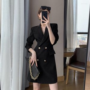 Lässige Kleider schwarzer Blazer -Kleid Herbst Winter Frauen Bürogeschäftskleidung gekerbte doppelte Breasted Solid Long Sleeve Mini