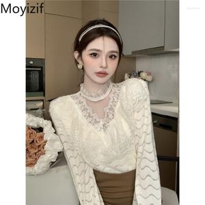 Women's Sweaters Moyizif Sexy Pulls Stand Collar Lace V-neck Long Sleeve Sweater Vintage Girls Thickend Knit 2023 Winter Female Tops