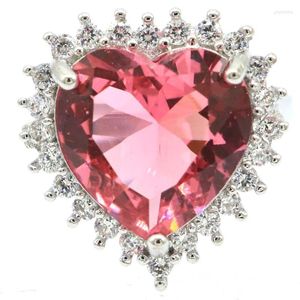 Anéis Cluster 22x21mm Lindo Grande Formato de Coração Rosa Morganita Branco CZ Feminino Uso Diário Prata