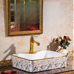 Lavabo da tavolo in ceramica di moda Lavabo per uso domestico di lusso Lavandino da bagno soprapiano in oro con rubinetto Lavelli da bagno in stile europeo KS34