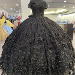 ブラックプリンセスフラワーボールガウンキンセアニェーラドレスオフショルダーアップリケビーズスイート 16 ドレス Vestidos デ 15 アノスレースアップ