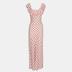 2023 Spring Summer New Women 's Chiffon Ruffle Edge Long Dress Red Wave Dot Print Dress