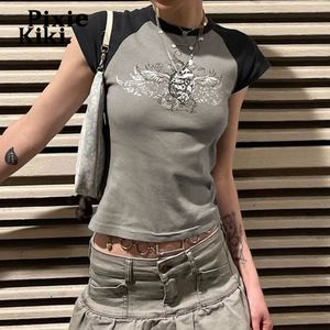 レディース Tシャツ PixieKiki Y2k Tシャツ 妖精 グランジ 羽 プリント ラグランスリーブ 90 年代 クロップトップス グラフィック Tシャツ ストリート レディース ヴィンテージ P77-AI10 230705