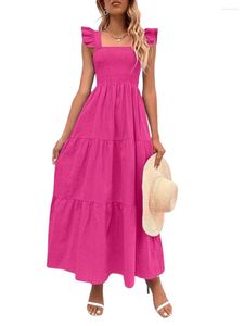 Abiti casual TUSFTAY Abito lungo con smock a strati con scollo quadrato a maniche lunghe da donna Summer Solid Loose Swing Party Boho Beach Sundress (blu)