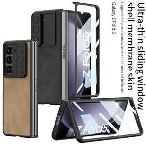 PU-läderfodral för Samsung Galaxy Z Fold 5-fodral Skjutfönster Push-linsskydd Flim Screen Cover