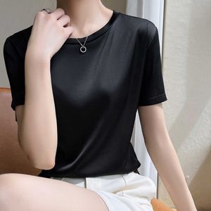 Straight summer simulation silk T-shirt women's top satin short sleeved round neck solid color versatile base woman clothes ladies shirts