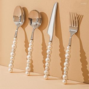 Dinnerware Sets 1PC Pearl Cutlery Set Western 18/10 Stainless Steel Diamond Inlaid Knife Fork Tableware Wedding Spoon Gift