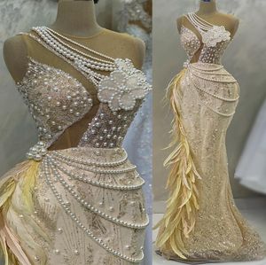 2023 Arabic Aso Ebi Champagne Mermaid Prom Dress Feather Pearls Evening Formal Party Second Reception Birthday Engagement Gowns Dress ZJ434