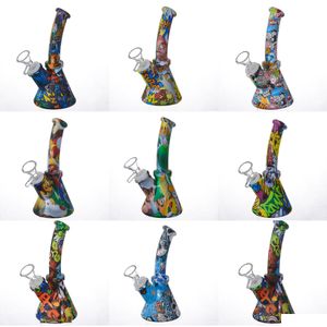 Rökrör Sile Bong 6,4 tums bägarebas Vatten Tecknad filmtryck 14Mm Okrossbara bongs hona Downstem Glasskål Drop Delivery Dh2Ss