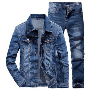 Set di jeans da uomo casual da lavoro Abito di jeans in due pezzi elasticizzato aderente semplice Giacca a maniche lunghe e pantaloni Primavera Autunno Abbigliamento quotidiano