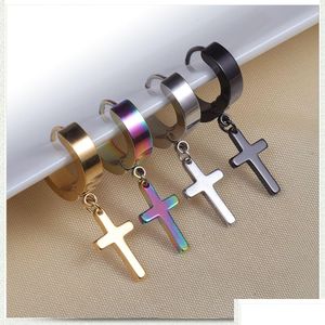 Pendurado Lustre 4 Cores Punk Aço Inoxidável Brincos de Cruz Hipoalergênicos Homens Piercing Falso Clipe em Argola Brinco de Gota Para Mulheres Dhmd3