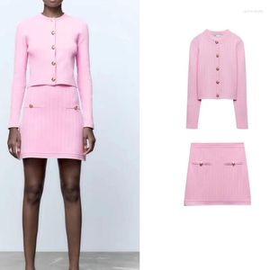 Work Dresses Vintage Solid Pink Knitted Cardigans Women Suits 2 Piece Single Button O Neck Jackets High Waist Sheath Mini Skirts Sets