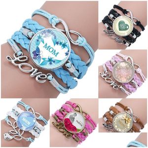 Charm bransoletki kochamy cię mama bransoletka nieskończoność najlepszy w historii szklany kaboszon pleciona skórzana linka Wrap Bangle dla kobiet mama matki D Dhdwq