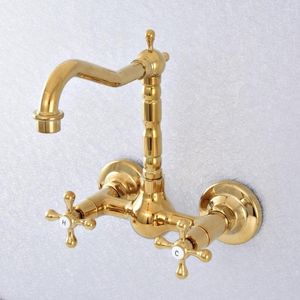 Bathroom Sink Faucets Gold Polished Brass Kitchen Basin Faucet Mixer Tap Swivel Spout Wall Mounted Dual Cross Handles Tsf618