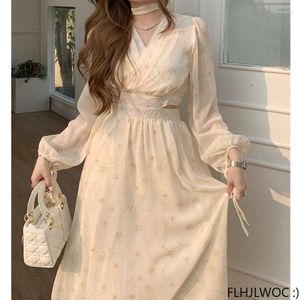 Fritidsklänningar Koreansk Chic Elegant Temperament 2023 Japan Girls A Line Söt Feminin Vestidos Hollow Out Lång Retro Vintage Klänning