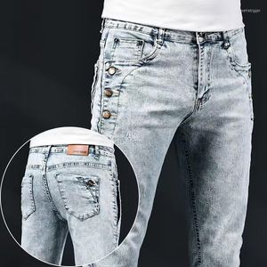 Męskie dżinsy Slim Skinny Men elastyczny koreański Design moda z wieloma przyciskami niebieski biały Vintage Wash Cotton Stretch spodnie dżinsowe spodnie