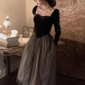 Casual Dresses Women Vintage Black Dress 2023 Spring Autumn Mesh Full Sleeve Square Collar Velvet Elegant Retro Goth Party