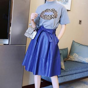 Skirts High Vintage Waist A Line Skirt Women Middle Length Genuine Leather Spring Sweet Ladies Bow Sheepskin Pleated