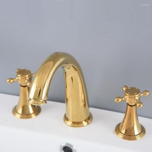 Bathroom Sink Faucets Gold Color Brass Widespread Dual Handle Washing Basin Mixer Taps Deck Mounted 3 Holes Lavatory Faucet Anf991