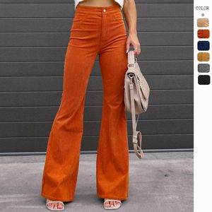 Kadın pantolon 2023 kadife pantolon tüm sezon kadınlar düz renk düğmesi cep ince ofis bayan gündelik vintage parlama sokak kıyafetleri