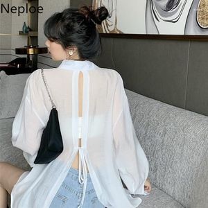 Blusas femininas Neploe Korean Sunscreen Shirt Women 2023 Summer Clothing Fashion Bandage Elegant Loose Long Sleeve See Through White Tops