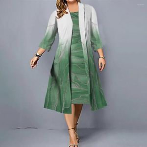 Freizeitkleider 2 Teile/satz Farbverlaufsdruck Weste Kleid 3/4 Ärmel Strickjacke Set O-Ausschnitt ärmellose Tunika Midi Sonnenschutz Mantel Outfit