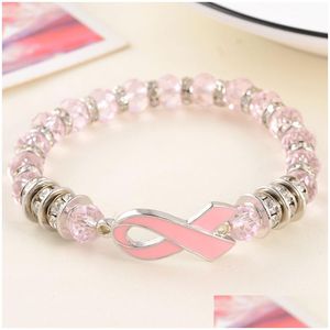 Perline nuovo arrivo braccialetti di consapevolezza del cancro al seno donne nastro rosa braccialetto perline di vetro catene per le signore moda gioielli fai da te goccia Dhehs