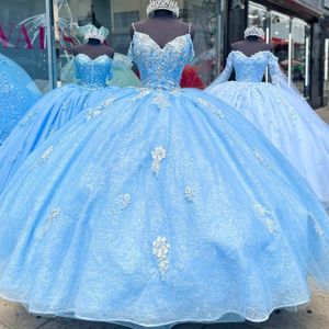 Небесно-голубое блестящее платье Quinceanera с аппликацией, роскошное бальное платье 2024 года, расшитое бисером, милое платье 15 лет, праздничное платье принцессы, Robes De Soiree