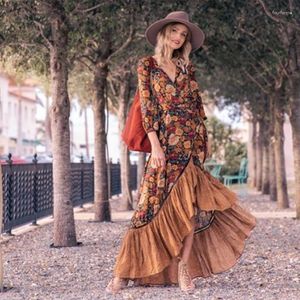 Fritidsklänningar Kvinnor Blommönster Långärmad Oregelbunden Kant Strand Bohemisk Maxiklänning Dam Boho Solklänning Robe Vestidos2023