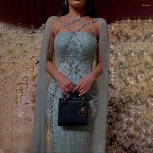 Sukienek Serene Hill arabski luksusowy dubaj syrenka niebieska peleryna rękawy zroszony suknie wieczorowe 2023 dla kobiet LA71905