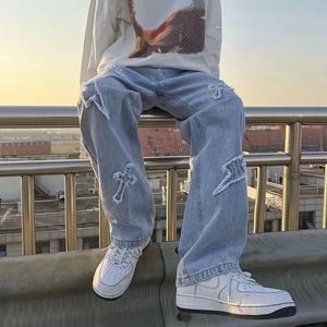 Męskie dżinsy Y2k Plus rozmiar spodnie jeansowe z szerokimi nogawkami luźne proste luksusowe dżinsy młodzieżowa ulica w stylu Casual, krzyżowy haft spodnie hip-hopowe