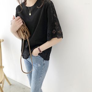 Women's Blouses Casual Cotton Clothes Summer Fashion Hollow Out Lace Shirt Japanese Style Soldi Color O-neck Half Sleeve Loose Blouse 26726