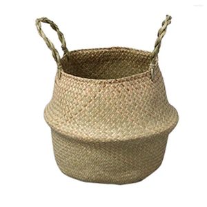 Storage Baskets Folding Woven Seagrass Basket Plant Pot Cover Belly With Handles For Laundry Picnic Rural Home