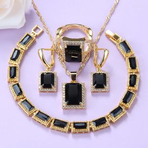 Necklace Earrings Set Gold-Color African Women Accessories And Jewelry Black Cubic Zirconia Rectangle