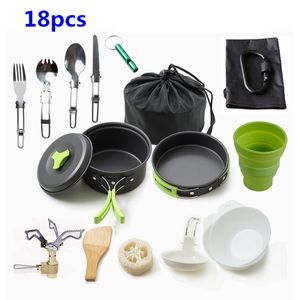 18 st/set Camping Köksredskap Set Utomhus Aluminiumlegering Matlagningssats Bärbar Pan Pot Resor Vandring Picknick Bordsutrustning Utrustning Q287