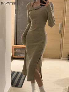 Casual Dresses Long Sleeve Midi Dress Women Slim Sexy Designed Vintage Ruffles Simple Elegant Knit Inside All-match Party OL Streetwear