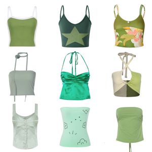 Damskie bezrękawniki Camis 90s Kobiety Sexy Cami Top Y2K Estetyczny zielony V Neck Bez rękawów Bez pleców Halter Crop Vest E-girl Vintage Lato Tank Top Odzież 230705