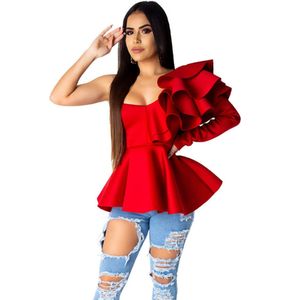 Bluzki damskie koszule damskie elegancka bluzka Femme Sexy jedno ramię warstwowe falbany z długim rękawem Peplum Blusas koszule Club Party damskie topy i bluzki 230705