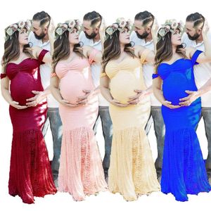 Umstandsmode Sommer Damen Spitzenausschnitt Pografie Fliegende Fliegenärmel Kleider Mode Mama Kleidung Pregnan313d