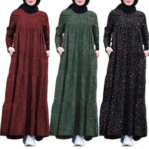 Odzież etniczna moda nadruk w kwiaty z długim rękawem Abaya Jilbab prosta muzułmańska damska sukienka Maxi w kwiaty suknie luźna szata Kaftan