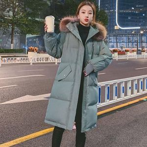 Kadınlar aşağı kalın gevşek kürk yaka parkas kadın için 2023 kış orta uzunlukta yastıklı ceket Kore uzun kapitone ceket kadın giyim
