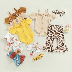 Clothing Sets Infant Baby Girl Summer Set Short Sleeve Off Shoulder Romper Leopard/Flower Flare Pants Bow Headband Born Outfit