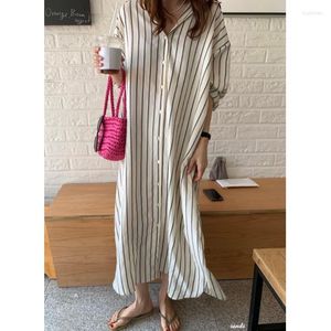 Casual Dresses 2023 Korean Chic Loose&Lazy Style Temperament Polo Collar Stripes Slimming Mid-Length Drop-Shoulder Sleeve Shirt