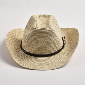 Chapéu de cowboy ocidental de palha de papel de verão para homens moda ondulada aba à prova de vento chapéu de corda casual ao ar livre praia chapéu de sol sombrero