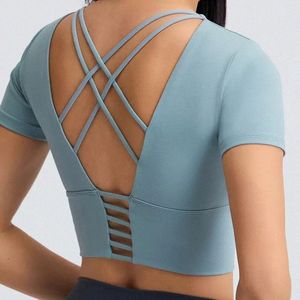 Scuba New Women Tanks Summer Open Navel Yoga Tops T-shirt with Chest Cushion Bra Women Oco Back Outdoor Leisure Sports Top Sleeve