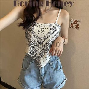 DIY Tanks Camis Boring Honey Summer New Clothes For Women Retro Printing Scarves Crop Tops Fashion Chic Triangle Triangle Bowknot Tank Top Women J230706