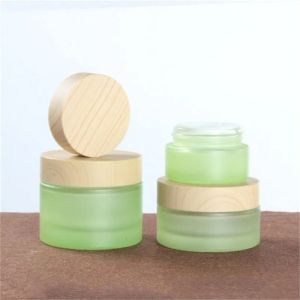 High0-end Frosted Green Glass Bottle Cream Jar Spray Lotion Pump Bottles Cosmetic Container 20ml 30ml 40ml 60ml 80ml 100ml 120ml with Imitated Wooden Lids