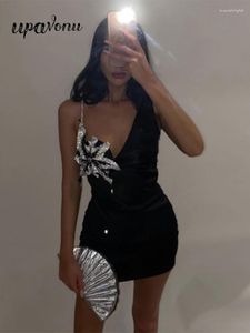 Casual Dresses Sexy Diamond Embedding Flower Design Bandage Dress Women's Spaghetti Strap Sleeveless Bodycon Cocktail Evening Party Mini